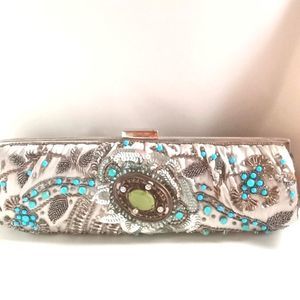 MOYNA GRAY SILK BAG WITH TURQUOISE AND JADE STONES DETAILS